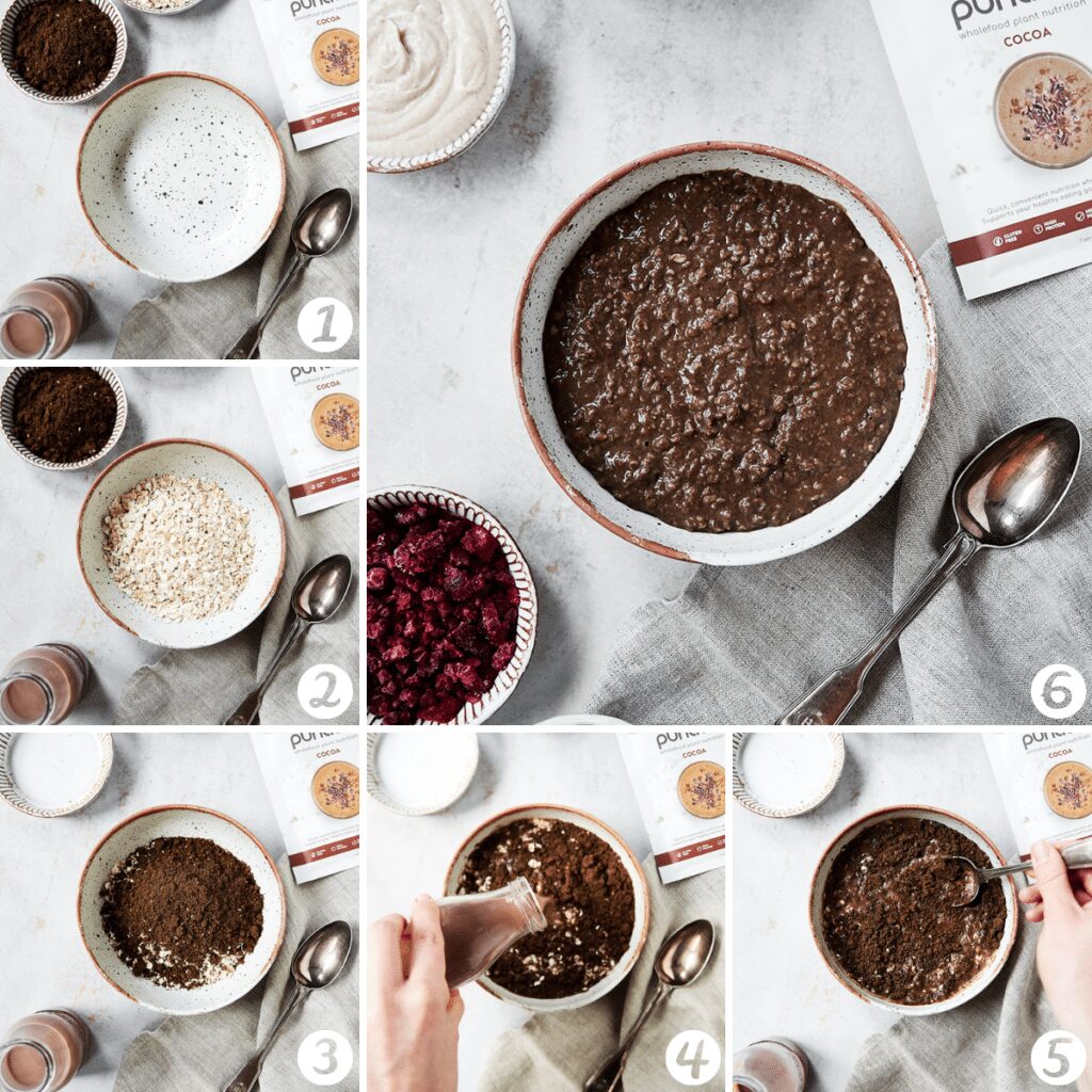 6 steps to make chocolate protein porridge.