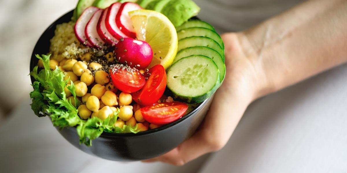 Photograph of a colourful vegan salad bowl.