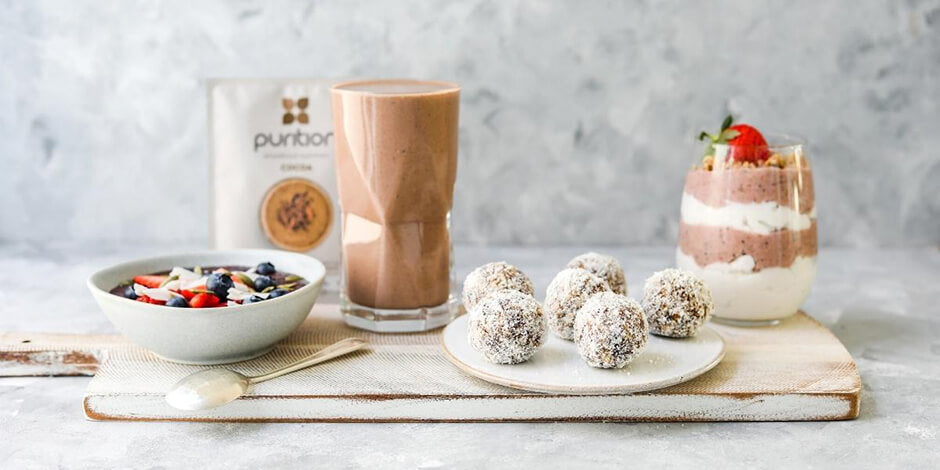 Purition served 4 ways; smoothie bowl, shake, energy protein balls, layered pudding.