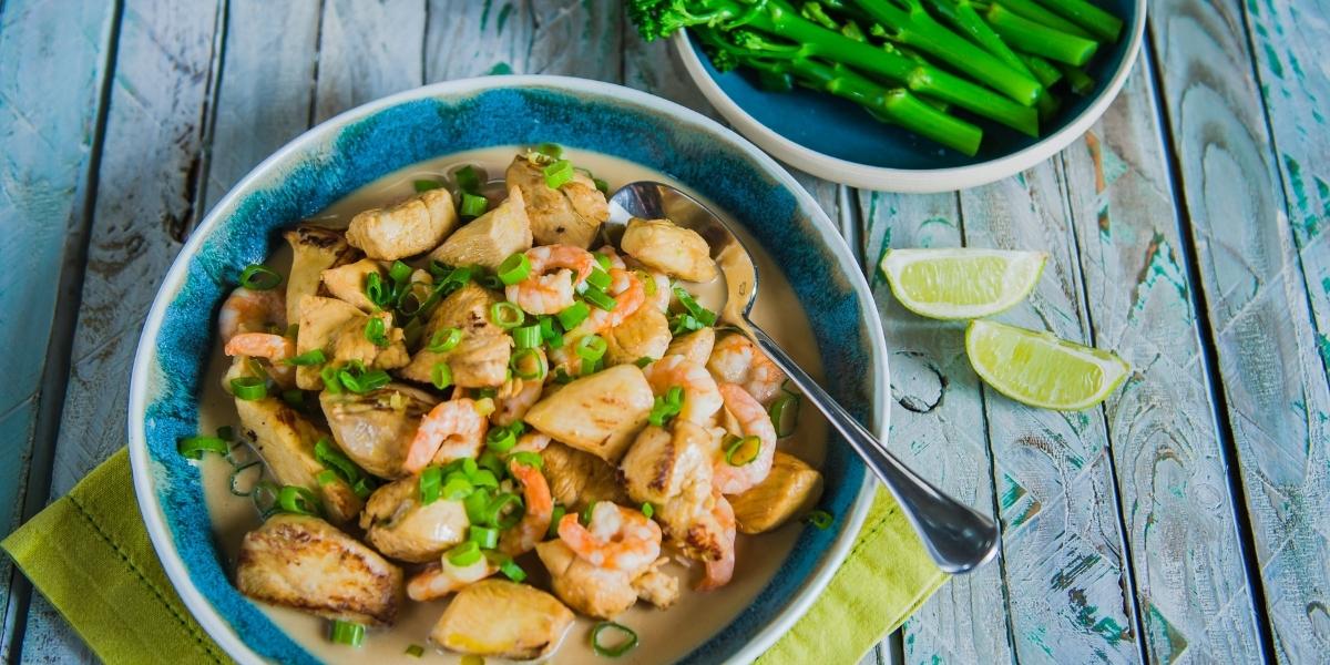 Homemade Thai style chicken and prawn green curry.