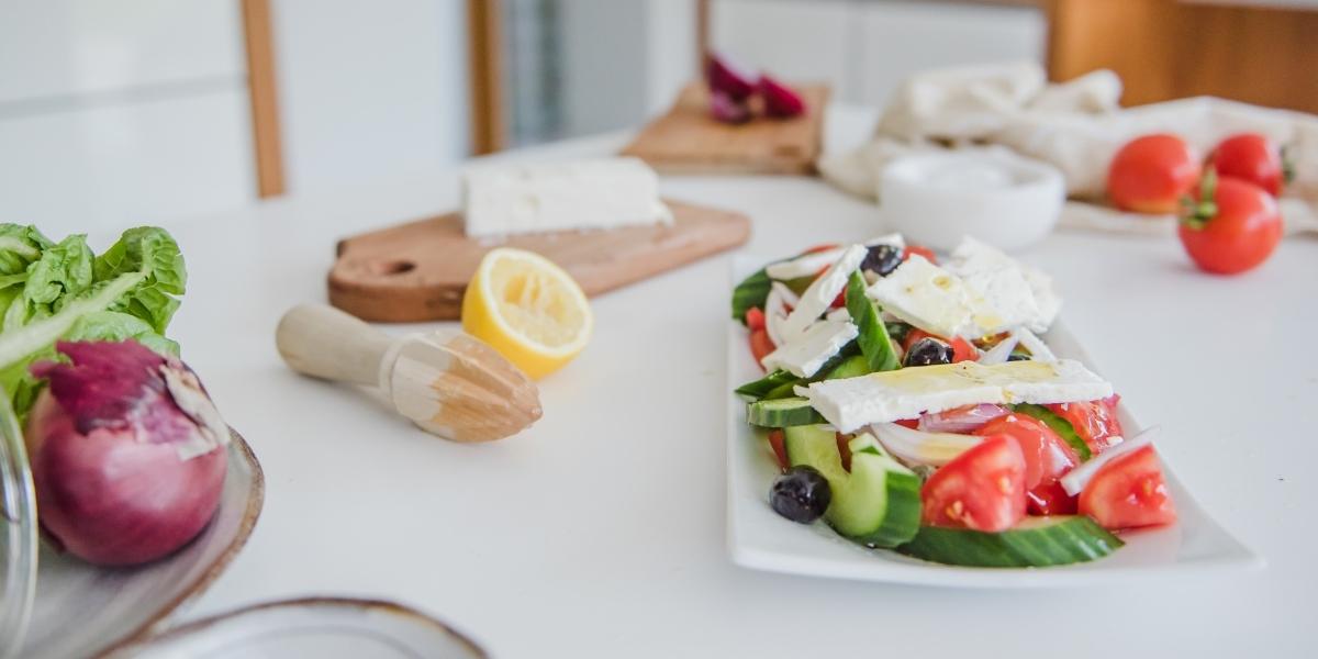 Plate of food; a beautiful Greek salad.