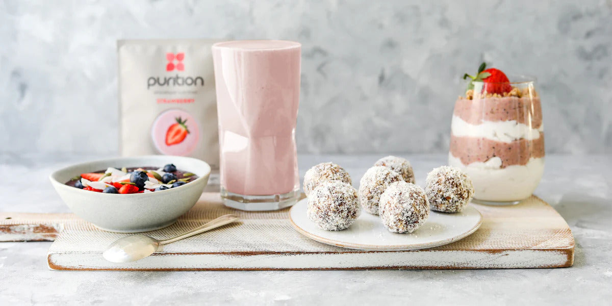 Purition Vegan breakfast bowl, shake and energy balls