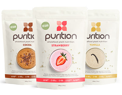 Purition Vegan large bags in Cocoa, Strawberry and Vanilla