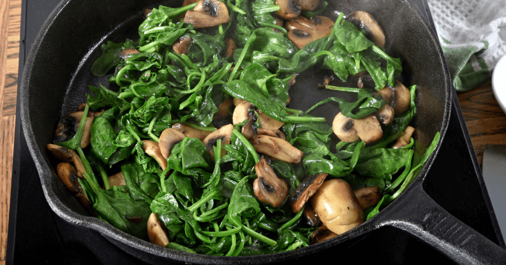 Mushrooms and spinach on tofu toast.