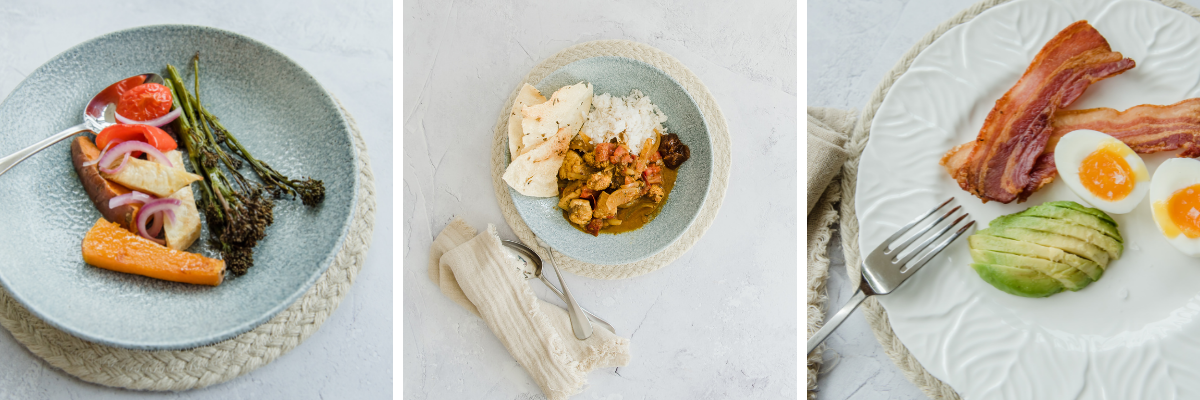 Group shot of 3 images; roasted mediterranean vegetables, homemade chicken curry with cauliflower rice, bacon, eggs and avocado.