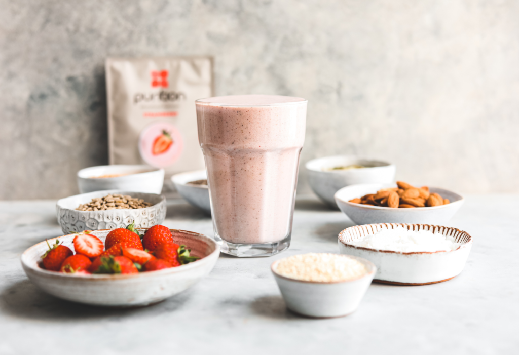 Purition Strawberry whole food meal shake - suitable for vegan diet.