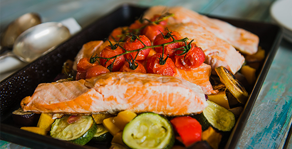 Salmon tray bake with Mediterranean vegetables